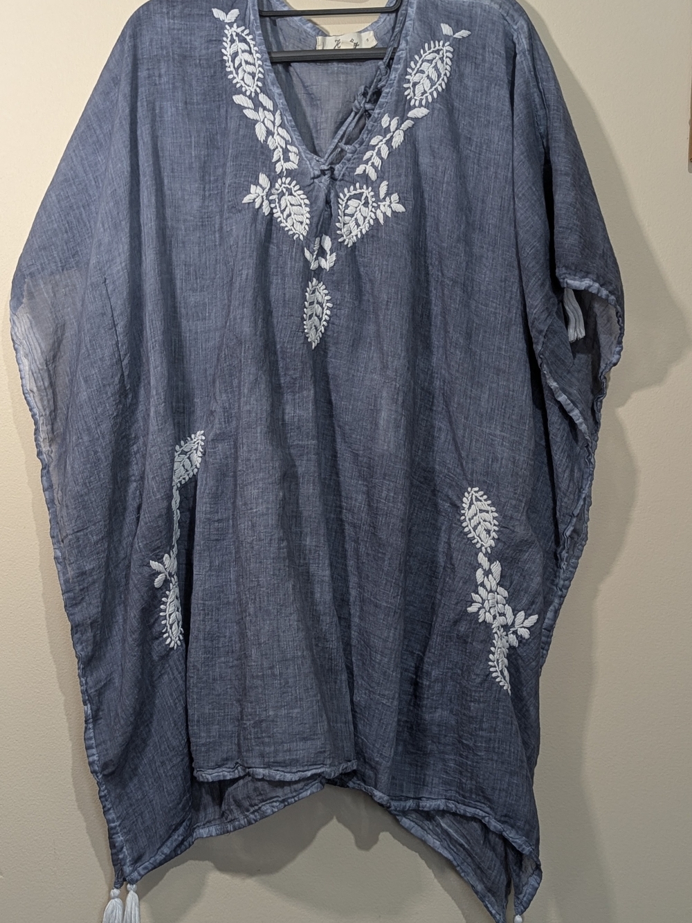 Koala Bay Linen Kaftan Tunic Blue Embroidered Tassel Cover Up OS Boho Beach